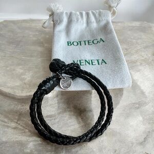 Bottega Veneta Black Braided Leather Bracelet with Silver 925 Disc Charm